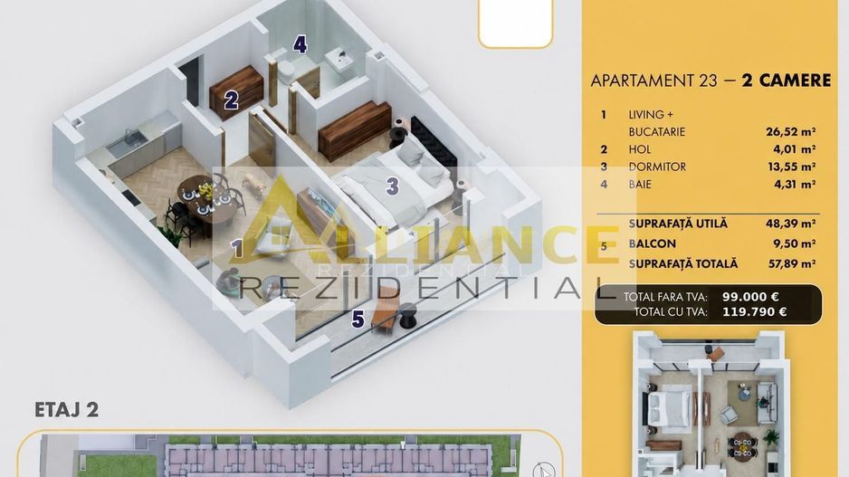 5 MINUTE METROU BERCENI - APARTAMENT 2 CAMERE - 58 mp - 119.790â¬ - Poză 1