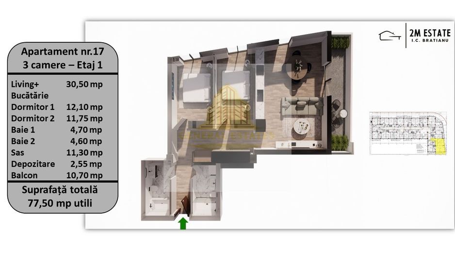 Apartament 3 camere, 76 mp utili + balcon, orientare Nord-Est - Poză 1