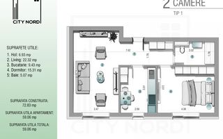 Apartament 2 camere - 59 mp utili - CITY NORD 1 Decembrie - Schiță 1