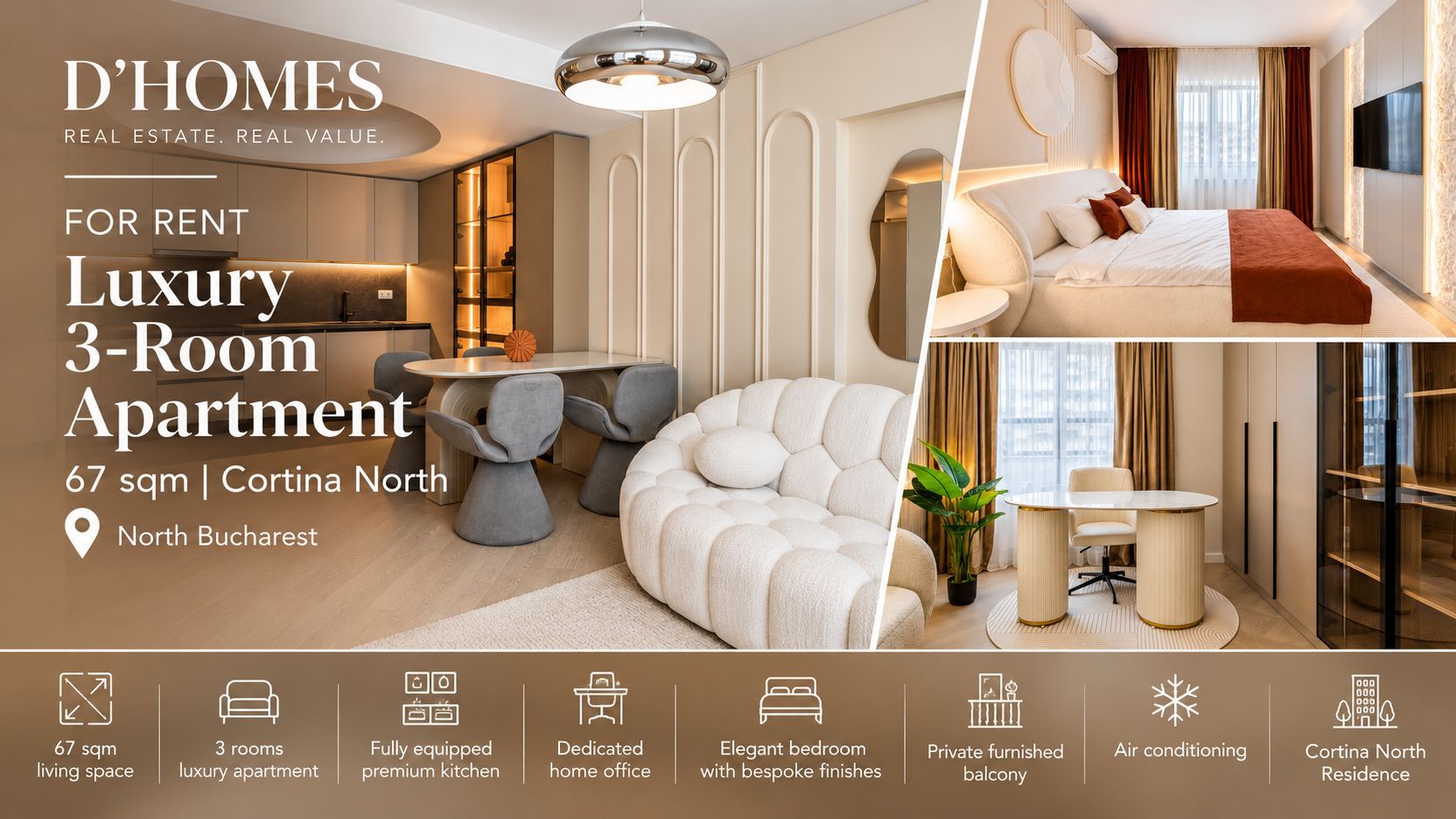 For Rent | Luxury 3-Room Apartment | 67sqm | Cortina North - Poză 1