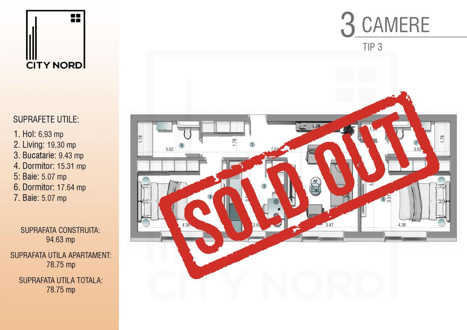 Apartament 3 camere - 79,36mp - CITY NORD 1 Decembrie - Poză 1