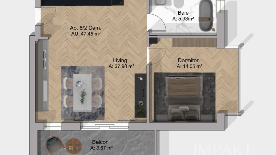 Apartament 2 Camere 47 mp | Bloc Nou | Baie cu Geam | Terra, Floresti - Schiță 2