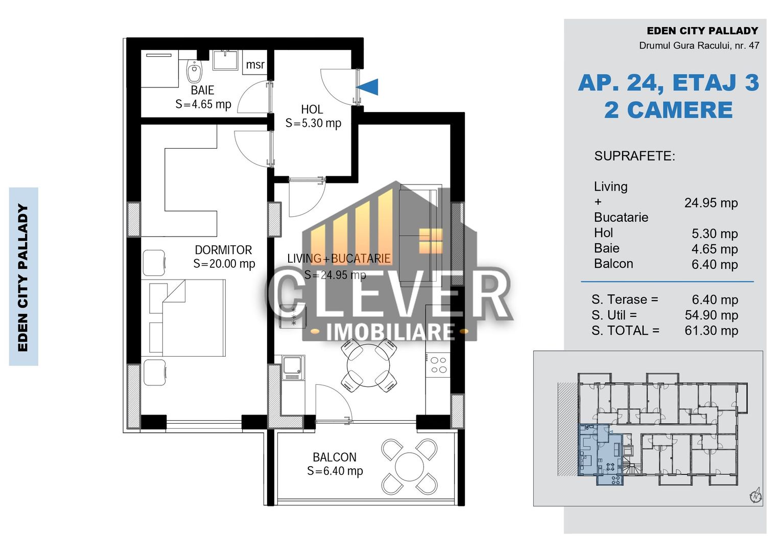 2 Camere | 61,3 mp Total | Etaj 3 | Balcon | Pallady - Schiță 8