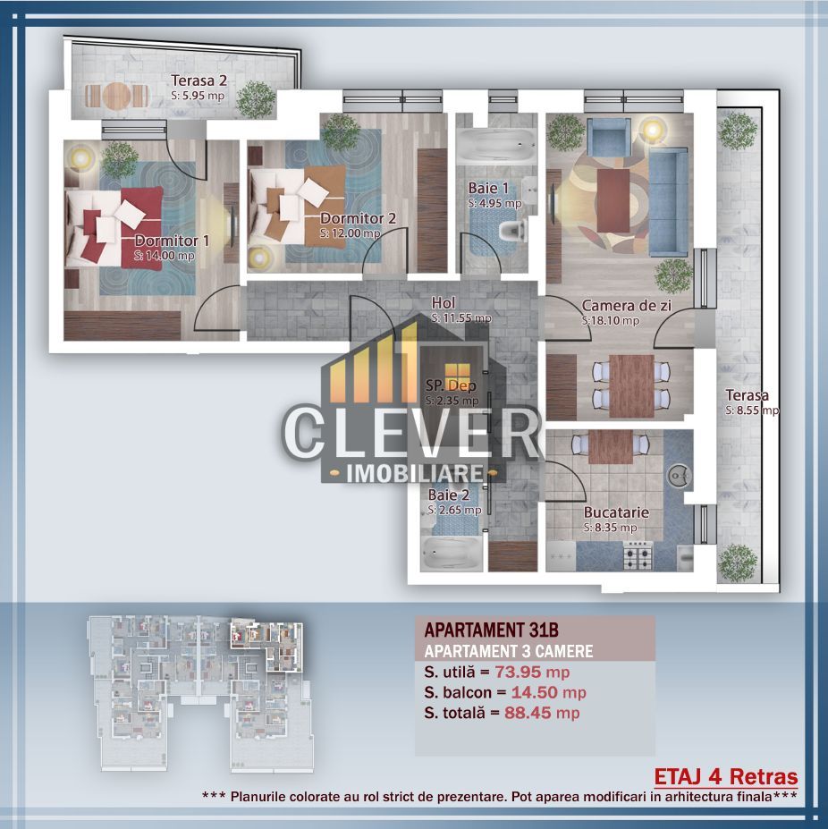 3 camere Pallady | 88,45 mp | 2 terase | Etaj retras - Schiță 13
