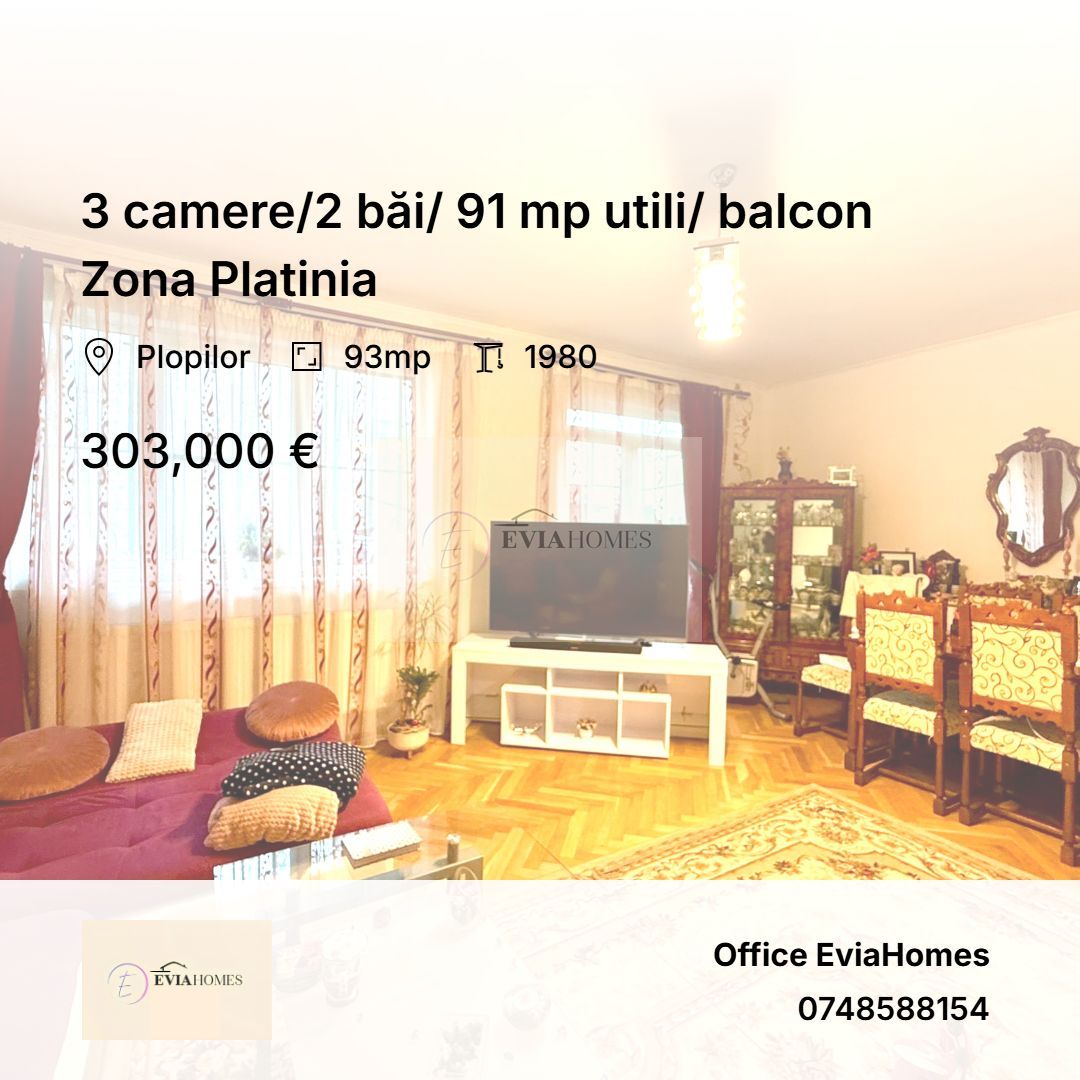 3 camere/2 băi/ 91 mp utili/ balcon Zona Platinia - Poză 1