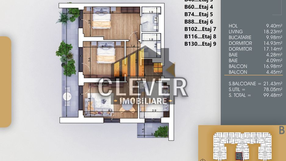 3 Camere | 99,5 mp | 2 Balcoane 21,4 mp | Pallady | Comision 0% - Schiță 6