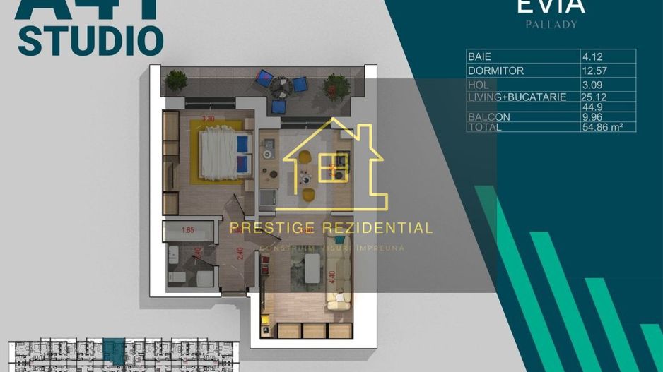 2 camere Studio,PREMIUM,SMART Home,Inc Pardoseala,Pallady Metrou - Schiță 4