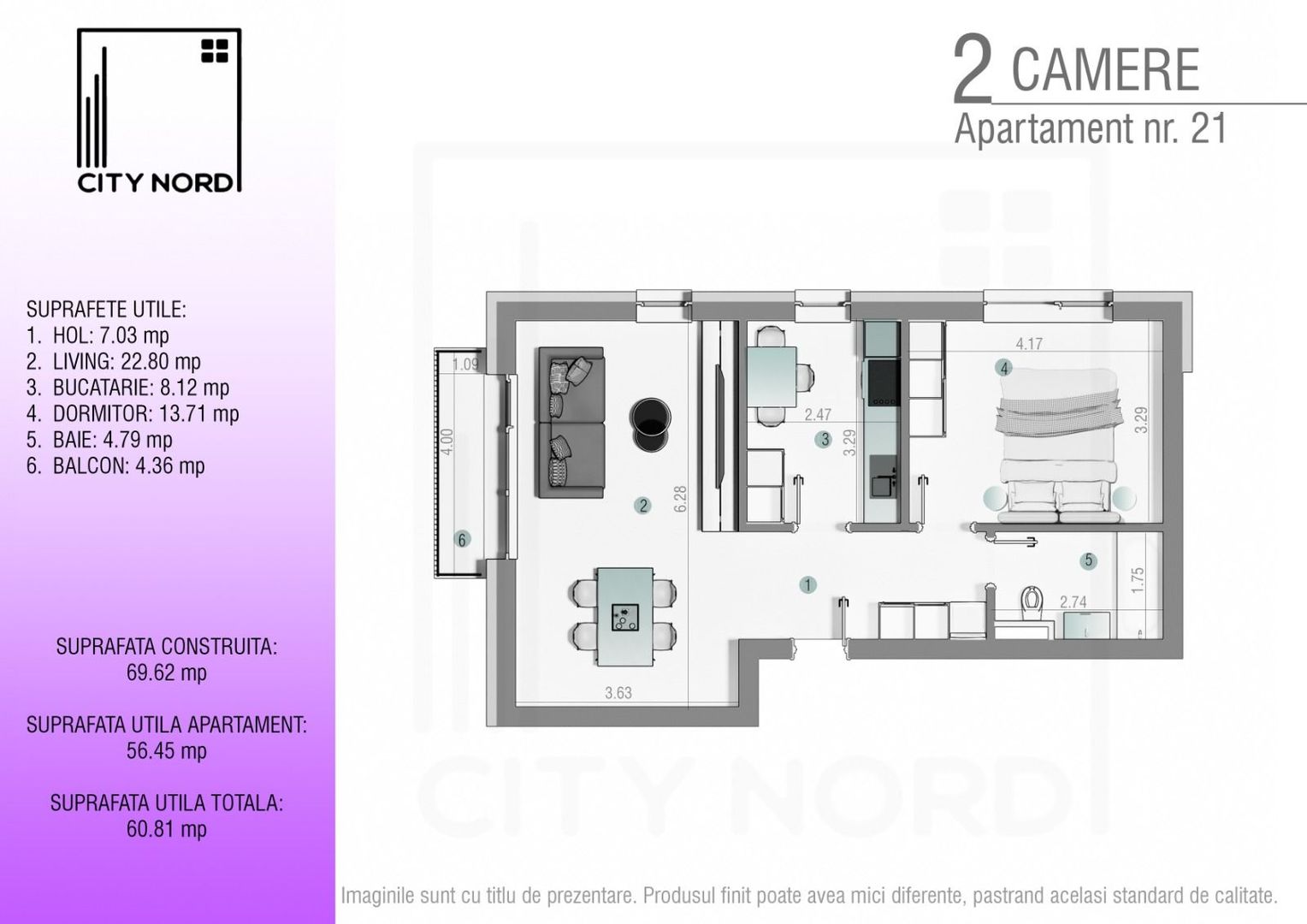 Apartament 21 / 33 – 2 camere – 56.5 mp – Balcon – Etaj 1 / Etaj 2 - Poză 1