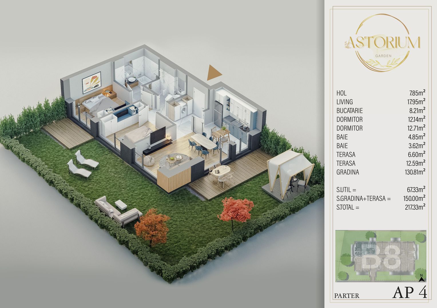 3 camere Premium 2 terase si gradina 150 mp Titan Pallady - Schiță 7