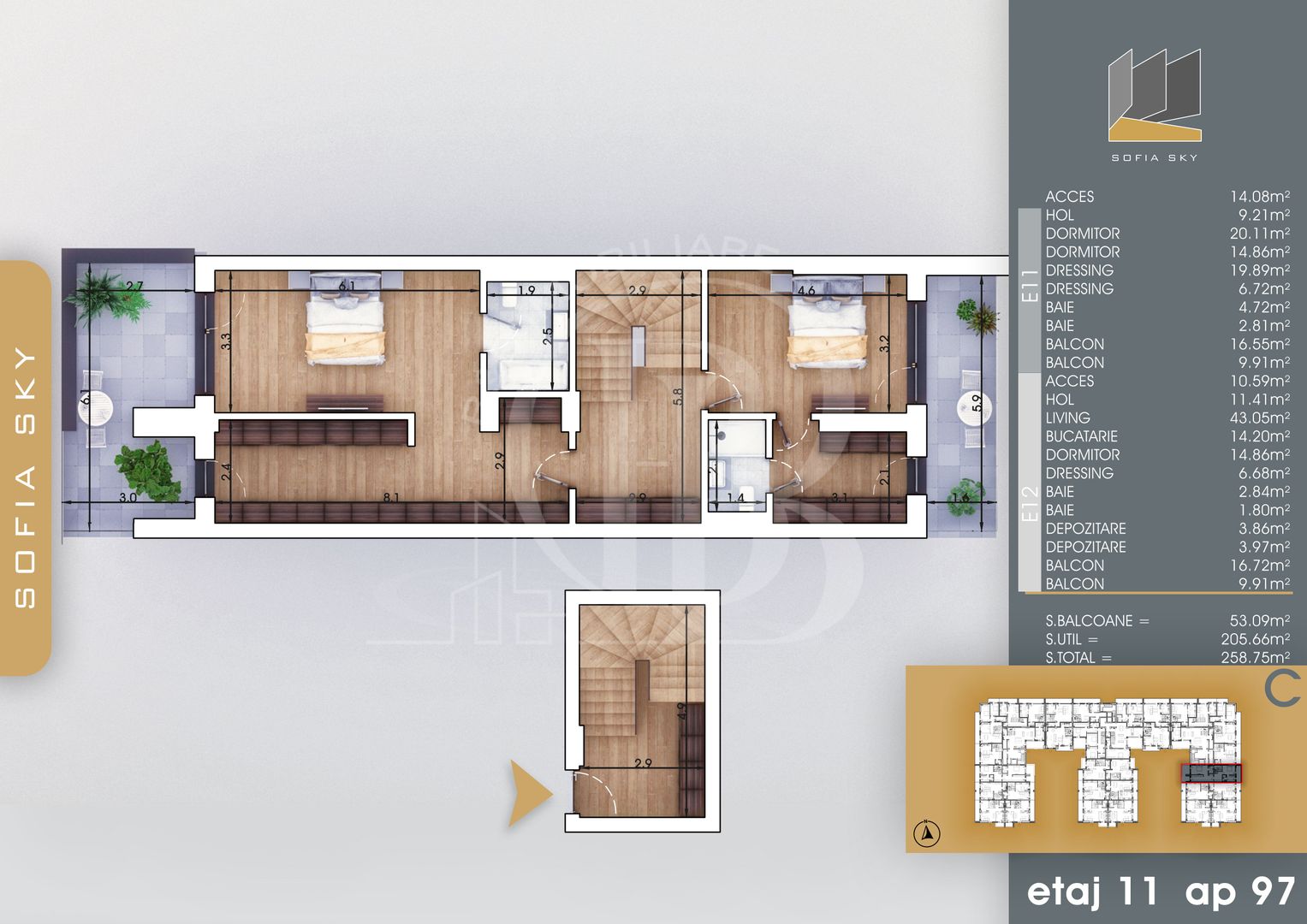 Duplex 4 camere 3 dormitoare cu baie proprie | Bloc Finalizat langa Metrou Teclu - Schiță 3