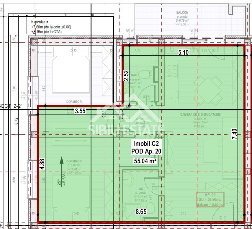 Apartament 3 Camere, 2 Băi și Balcon + POD - Schiță 8