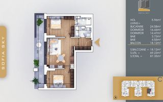 Apartament 3 camere cu 2 bai Finalizat 7 min Metrou Teclu - Schiță 3