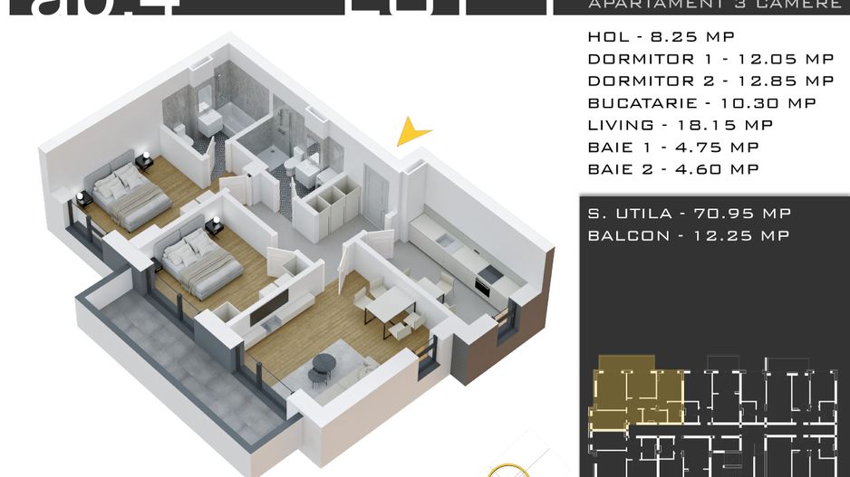 3 camere -parcare inclusa - proiect nou -Pallady - Schiță 11