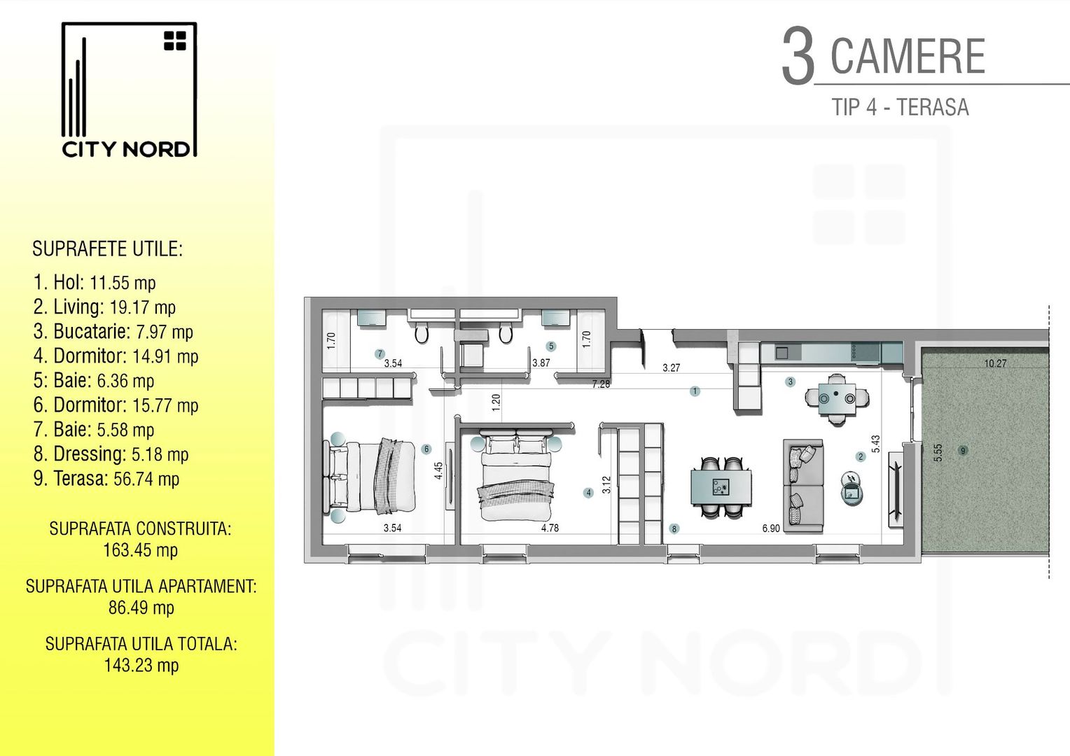 Penthouse 3 camere - 143 mp utili - CITY NORD 1 Decembrie - Schiță 1