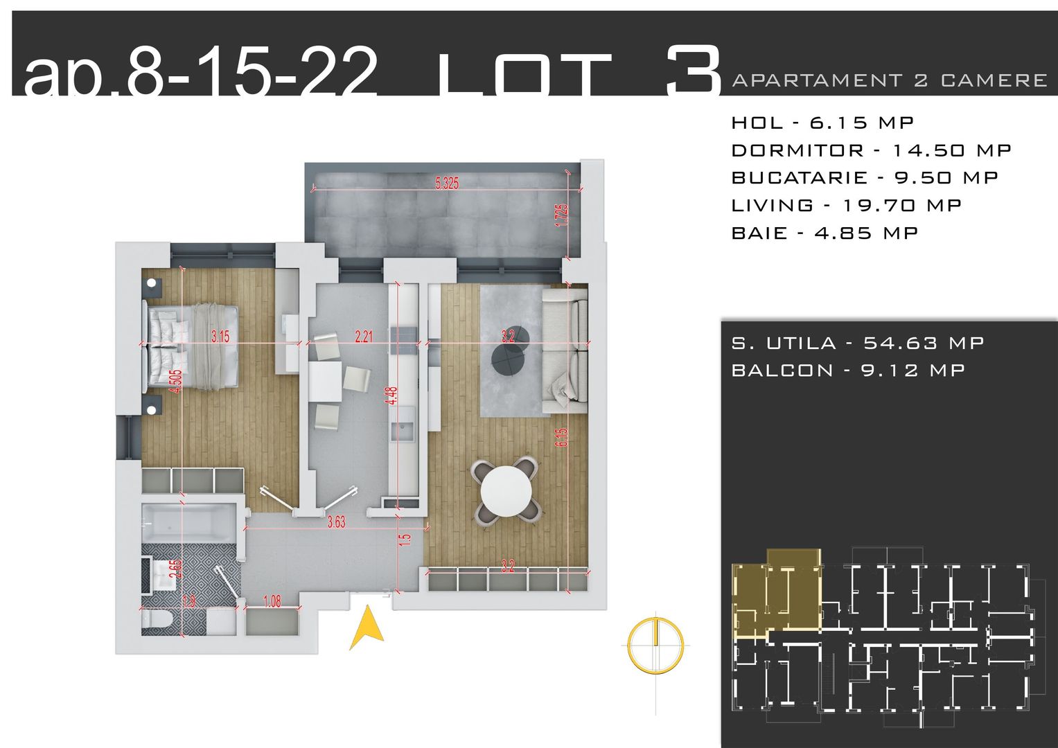 2 camere decomandat -parcare inclusa -Pallady - Schiță 12