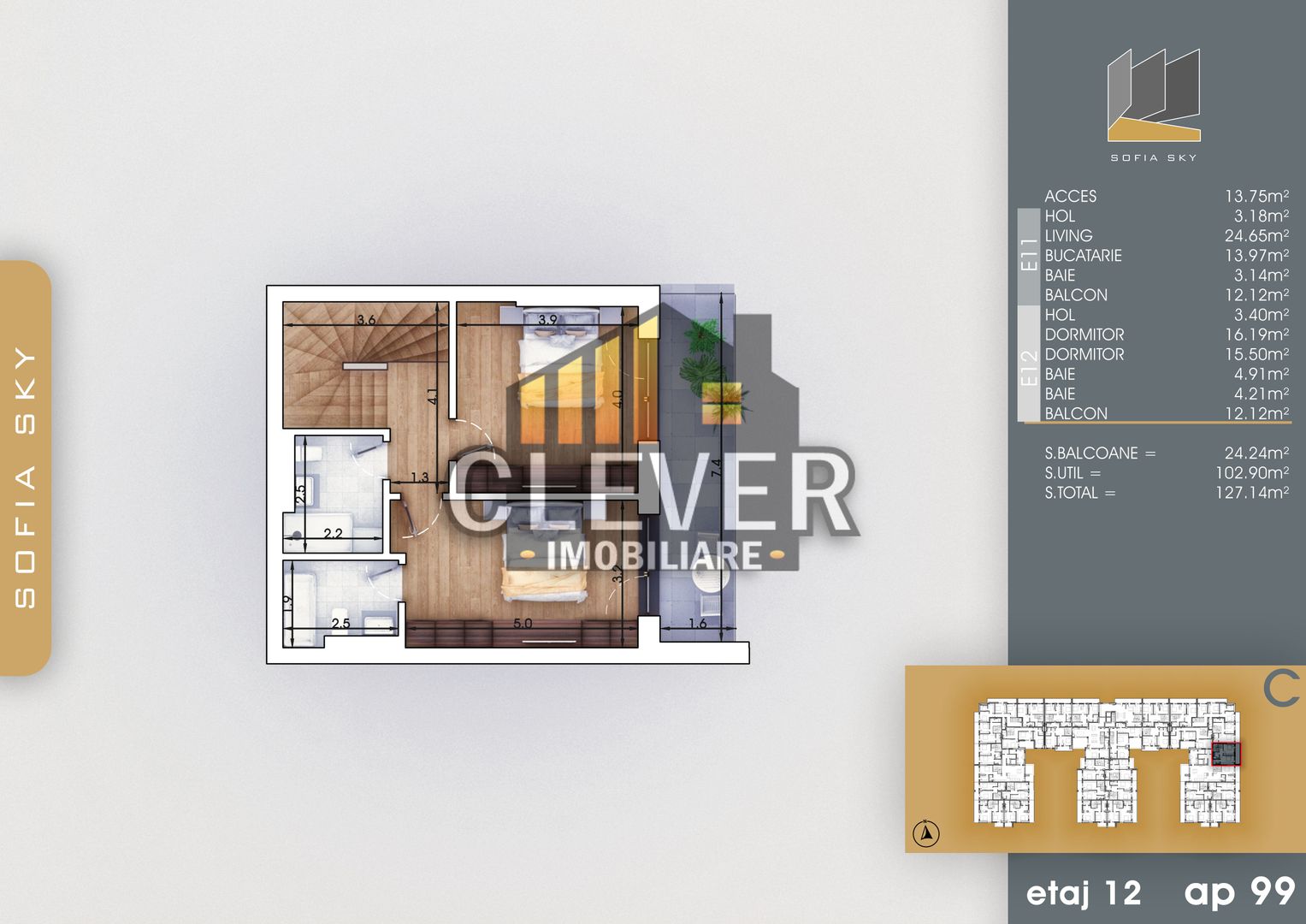 Duplex 3 camere cu 3 Bai-Bucatarie Inchisa-Pallady - Schiță 7