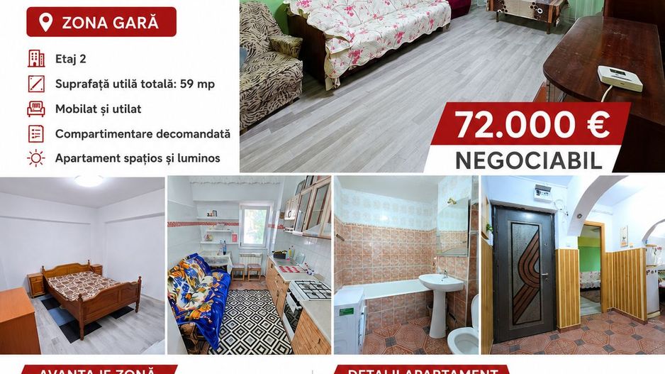 Apartament cu 2 camere, etaj 2, mobilat si utilat, zona GARA; - Poză 1