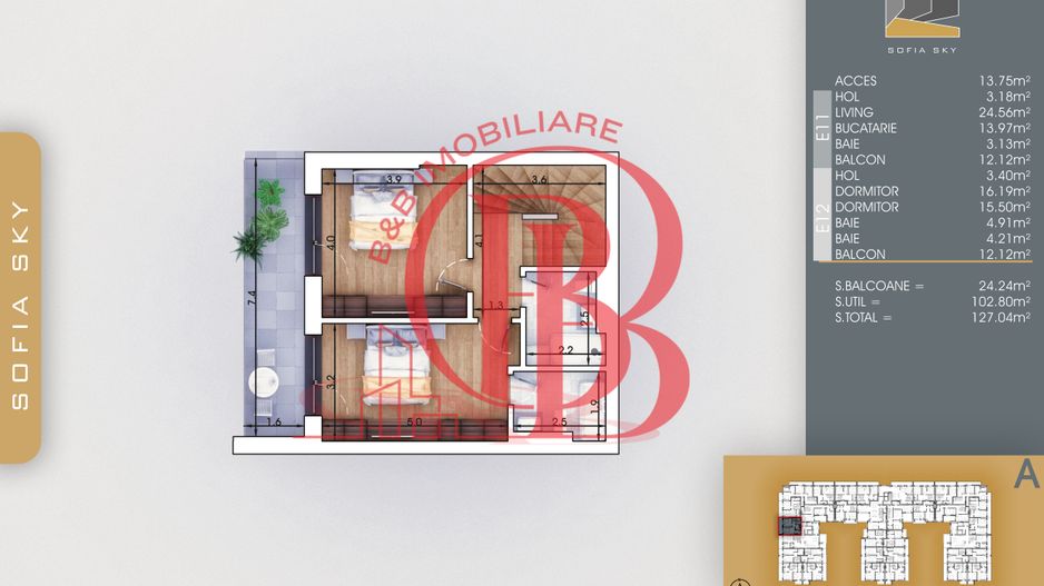 3 Camere modern-Scara interioara-Titan-Pallady-7min metrou - Schiță 3