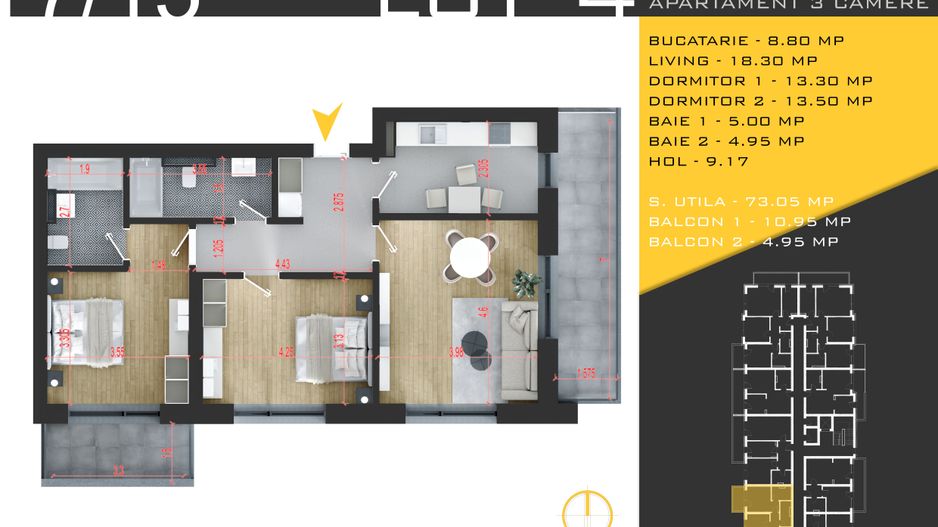 3 CAM. DECOMANDAT  / ROSSA RESIDENCE ARIESULUI / PALLADY! - Poză 1