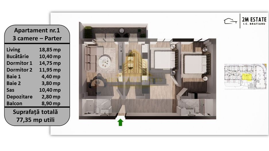 Apartament 3 camere, 75 mp utili + balcon, orientare Estica - Poză 1