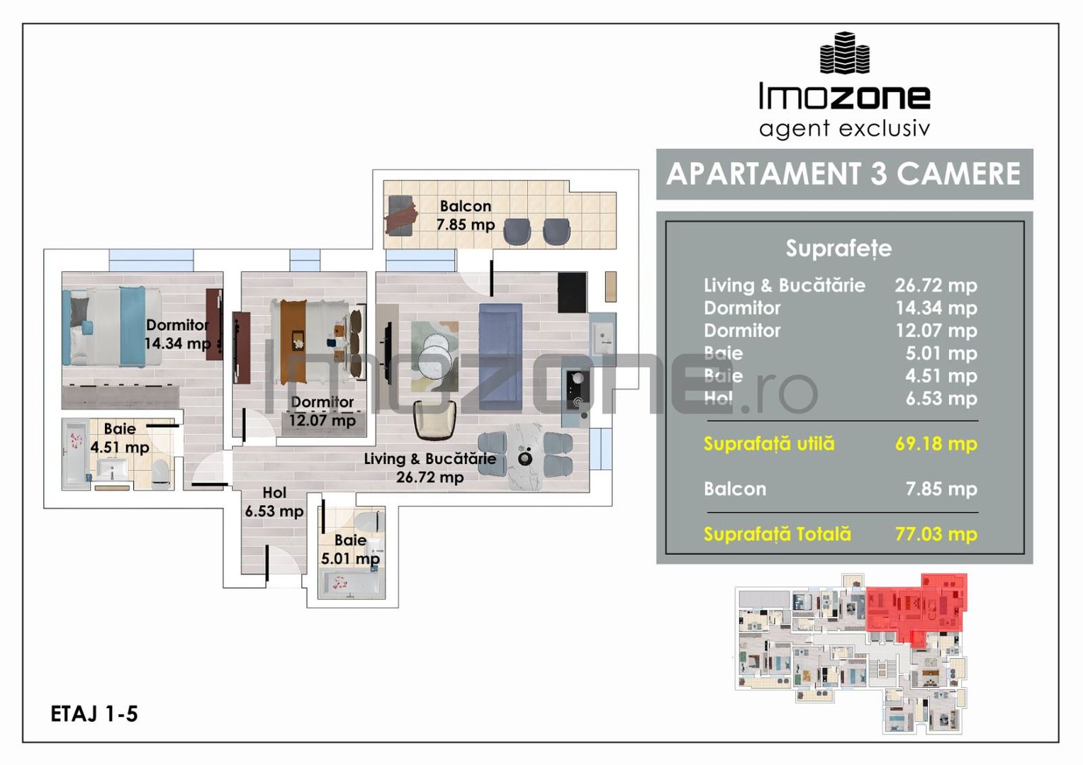 3 Camere | Militari Pacii | Bloc Nou | 2 Bai | Living Spatios | 77 mp | Balcon - Poză 8