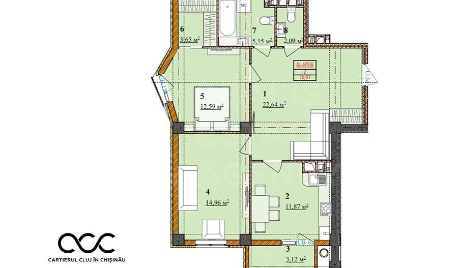 Vânzare apartament, 2 camere, Cartierul Cluj, strada Ceucari, Râșcani - Poză 2