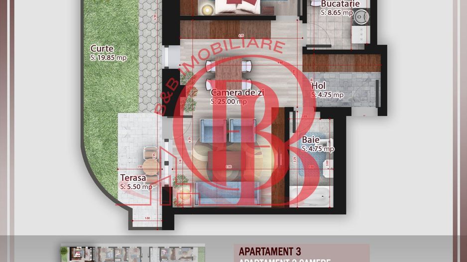 2 camere cu gradina compartimentare ideala Titan Pallady Metrou N Teclu - Schiță 2