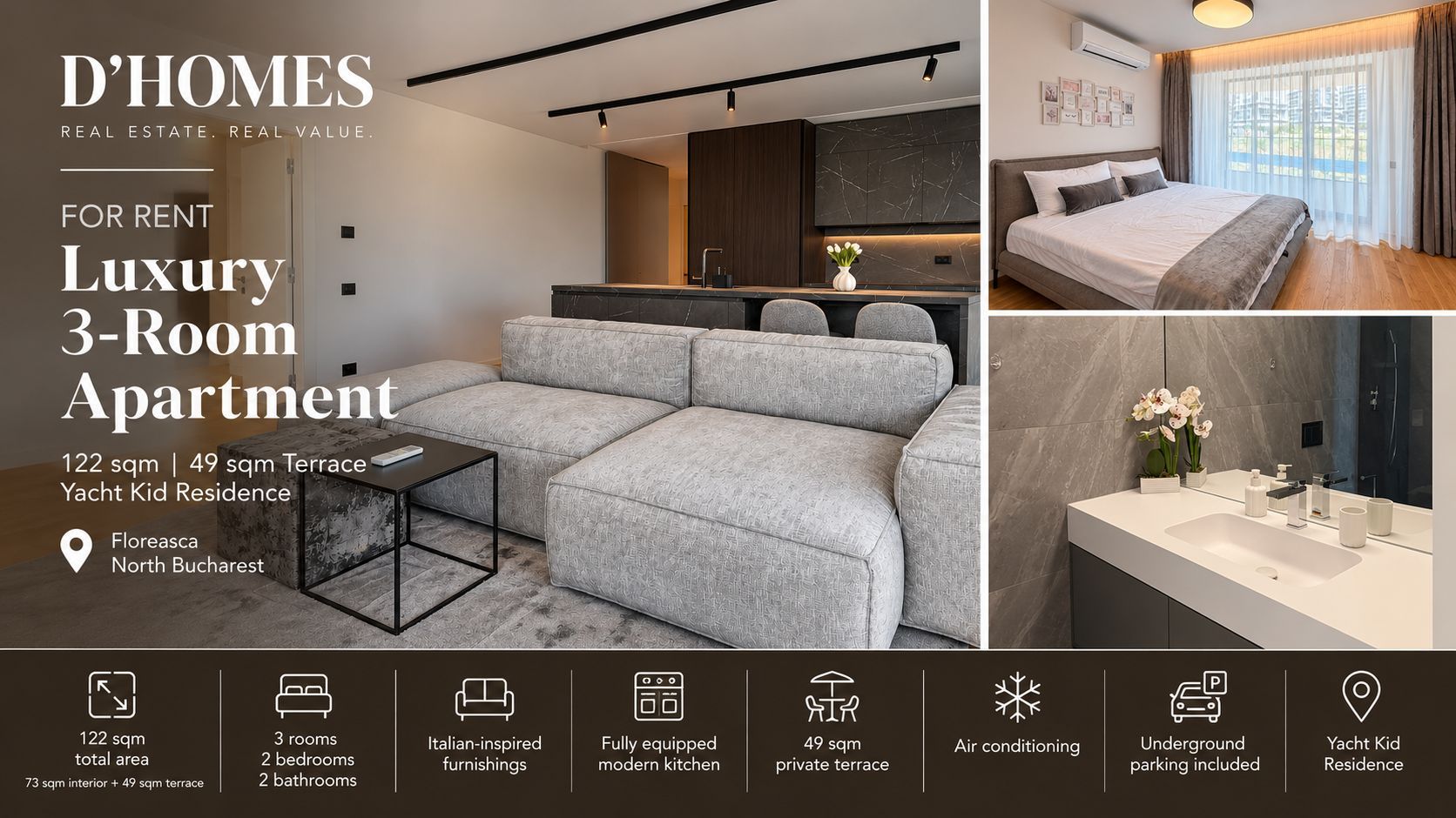 For Rent | Luxury 3-Room Apartment | 122 sqm total area | Yacht Kid - Poză 1