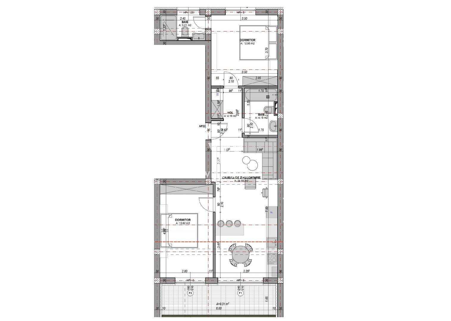 Apartament 3 camere, 2 bai, balcon, aer conditionat - finisat la alb - Poză 10