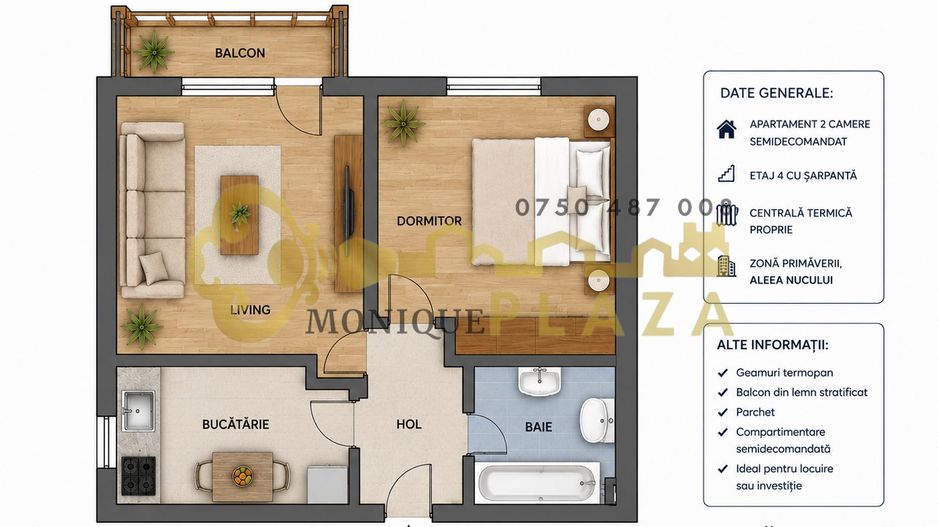 2 Camere | Primaverii | Semidecomandat | Termopan | Centrala termica | - Poză 3