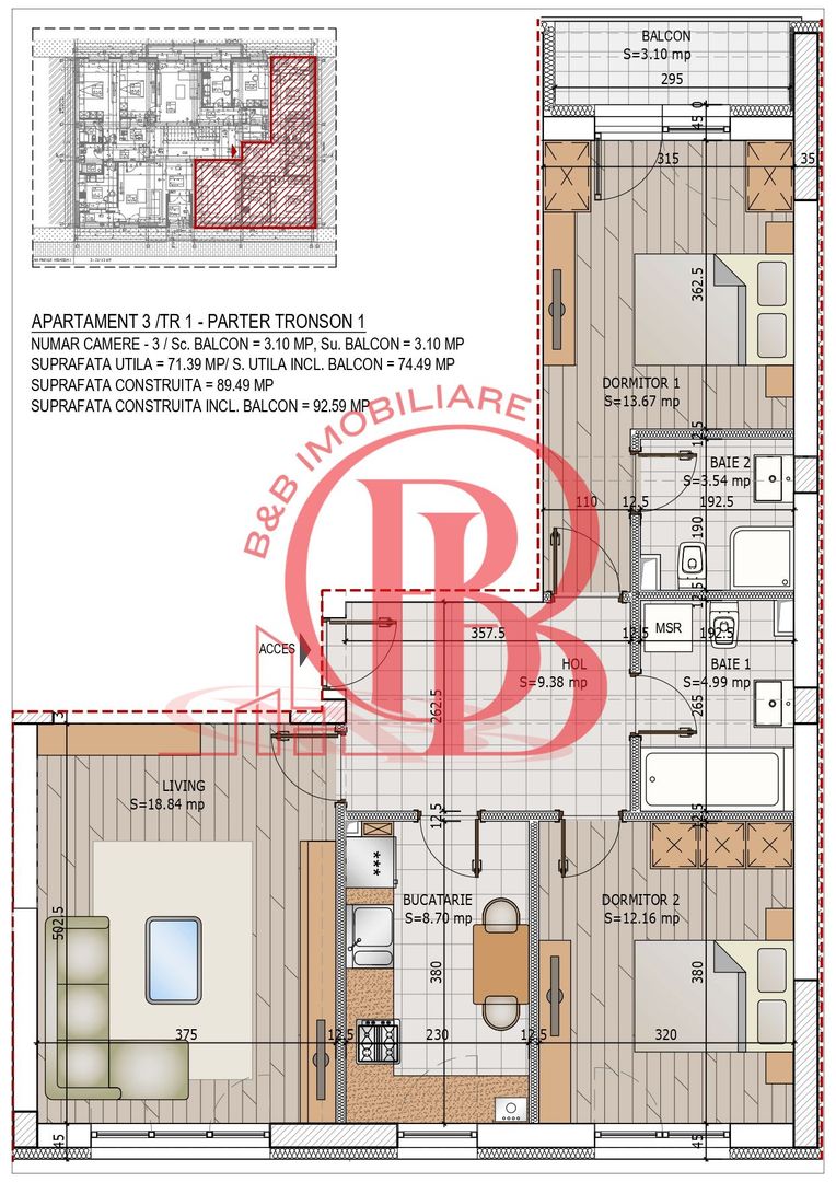 Titan Pallady Sector 3-Compartimentare practica-3 camere cu 2 bai - Schiță 12