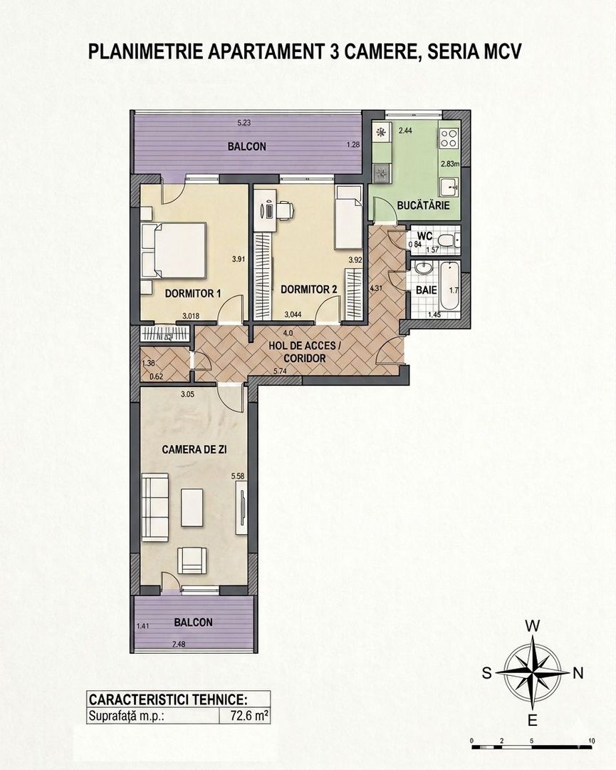 3 camere lângă Valea Morilor | 72,6 m² | Buiucani, str. Vasile Lupu 59 - Poză 18