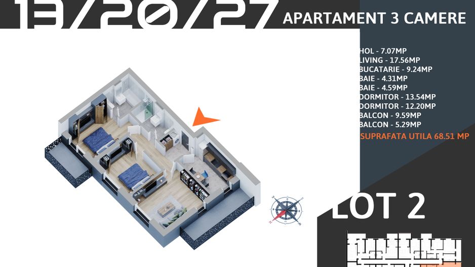 3 camere decomandat -parcare bonus -STB la 7 minute - Schiță 7