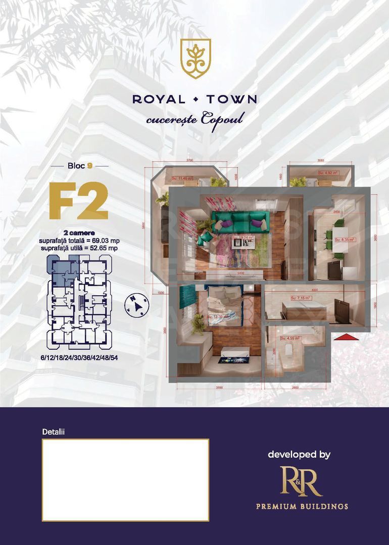 Apartament cu 2 camere, de tip F2 - Royal Town Copou - Poză 1