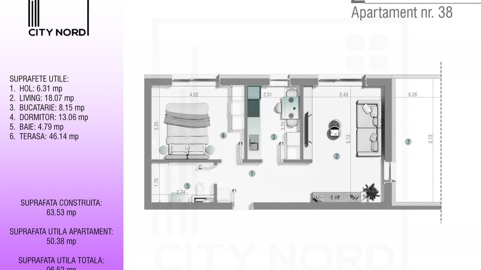Apartament 38 – 2 camere – 50.4 mp – Terasă – Etaj 3R - Poză 1