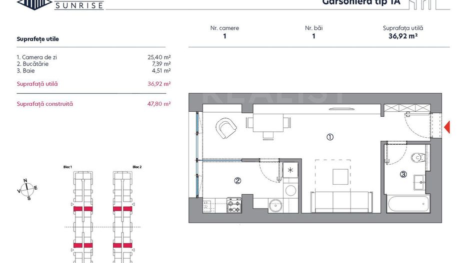 Vânzare, garsonieră, 1 cameră tip 1A, HILS Sunrise, București - Poză 2