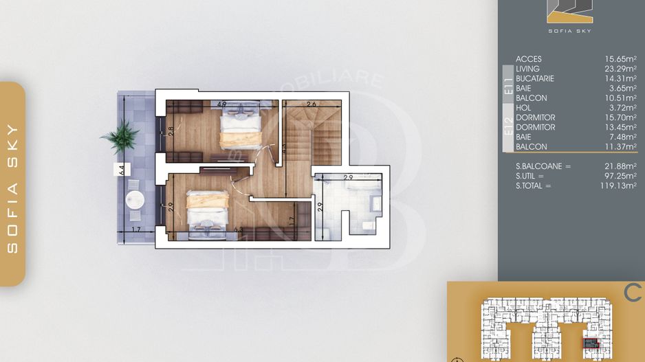 Duplex 3 camere cu 2 balcoane | Bucatarie Inchisa 14mp - Schiță 5