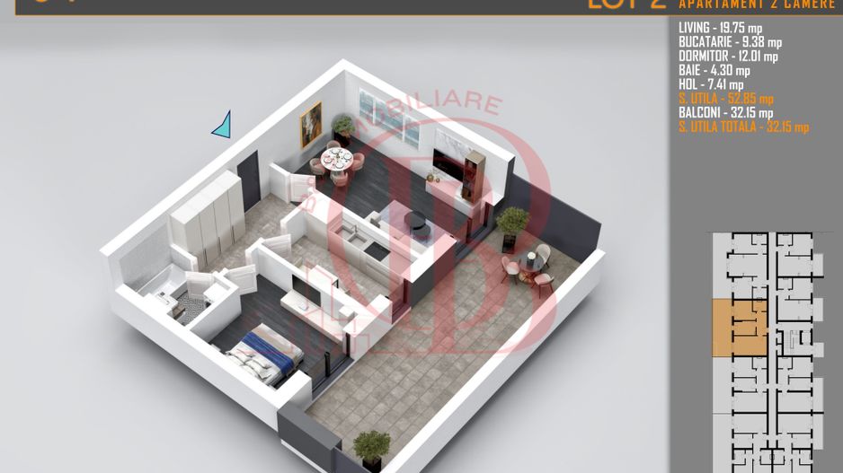 Apartament superb 2 camere cu terasa - Pallady Metrou Teclu - Schiță 1