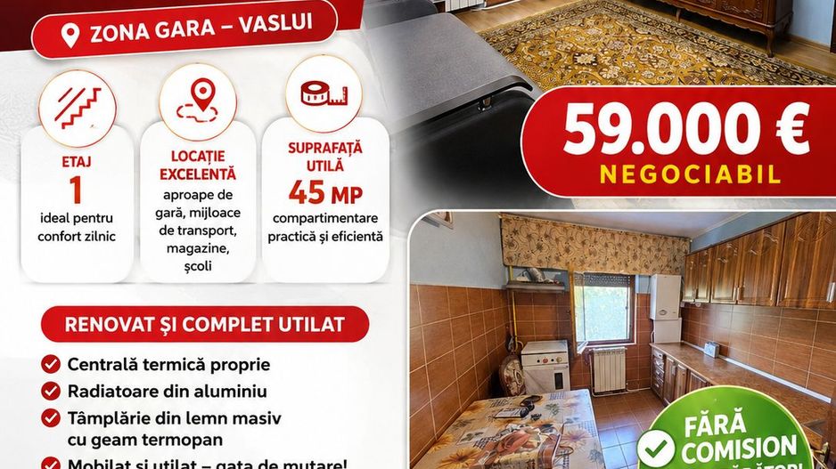 Apartament cu 2 camere, etaj 1, mobilat și utilat, VASLUI - zona GARĂ; - Poză 1