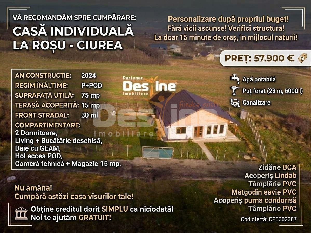 Casă individuală 3 camere 75 mp P+POD 570 mp teren - Poză 1