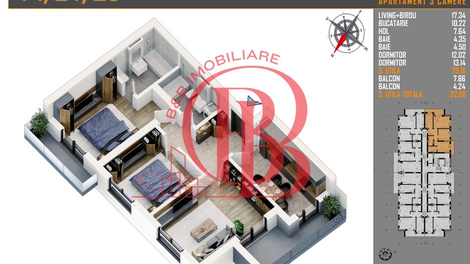 3 camere  - parcare bonus - Titan Pallady comision 0% - Schiță 10