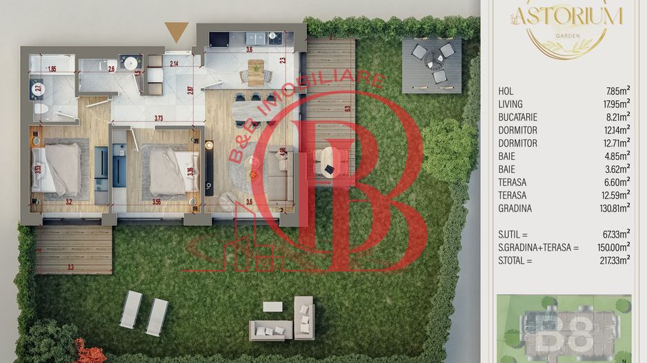 3 camere Premium 2 terase si gradina 150 mp Titan Pallady - Schiță 6