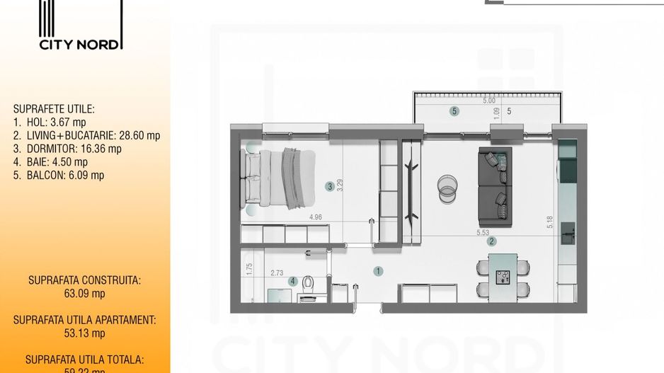 Apartament 2 camere - 59.2 mp - CITY NORD Stefan cel mare - Poză 1