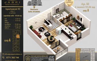 Apartament 02A, Corp A – 2 camere | 55,60 mp | Jabri Nord Residence - Poză 1