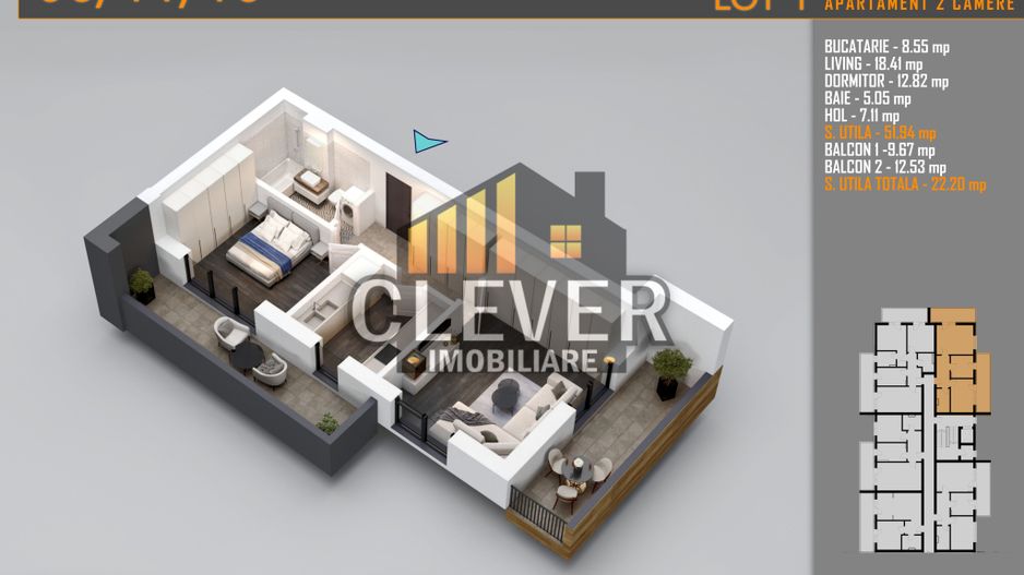 2 Camere | 75,6 mp | 2 Terase 23,7 mp | Pallady | Comision 0% - Poză 8