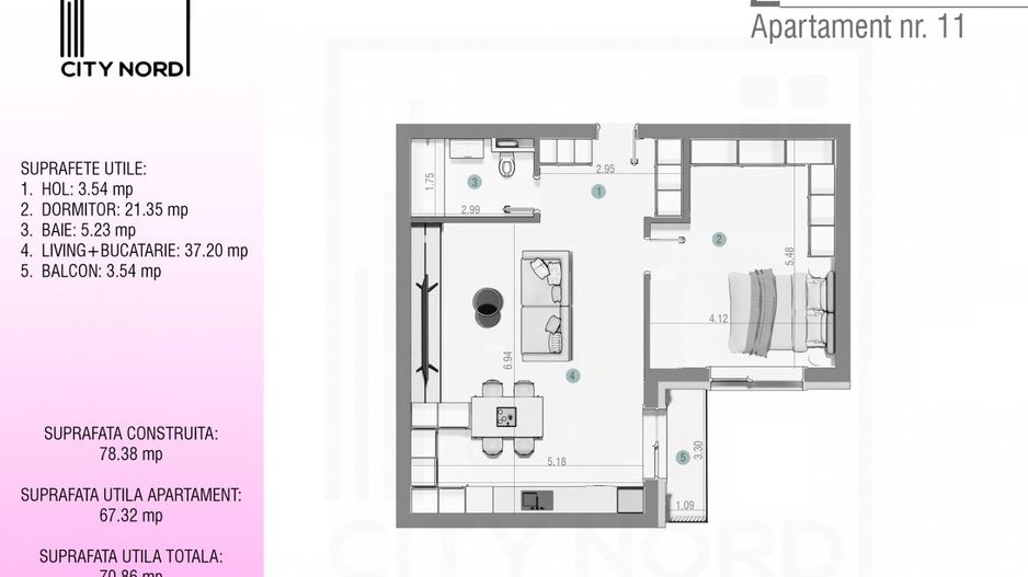 Apartament 11 / 23 – 2 camere – 67.3 mp – Balcon – Etaj 1 / Etaj 2 - Poză 1