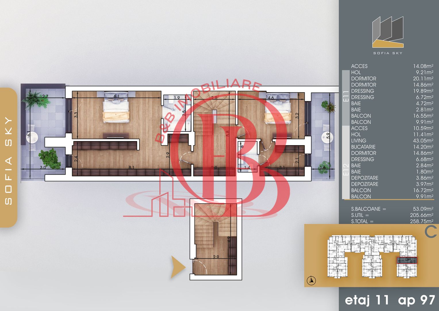 Duplex 4 camere 3 dormitoare cu baie proprie | Bloc Finalizat langa Metrou Teclu - Schiță 3