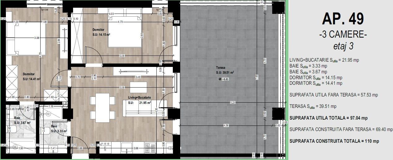 Apartament 3 camere + terasă 40 mp | Preț imbatabil în Otopeni - Schiță 7