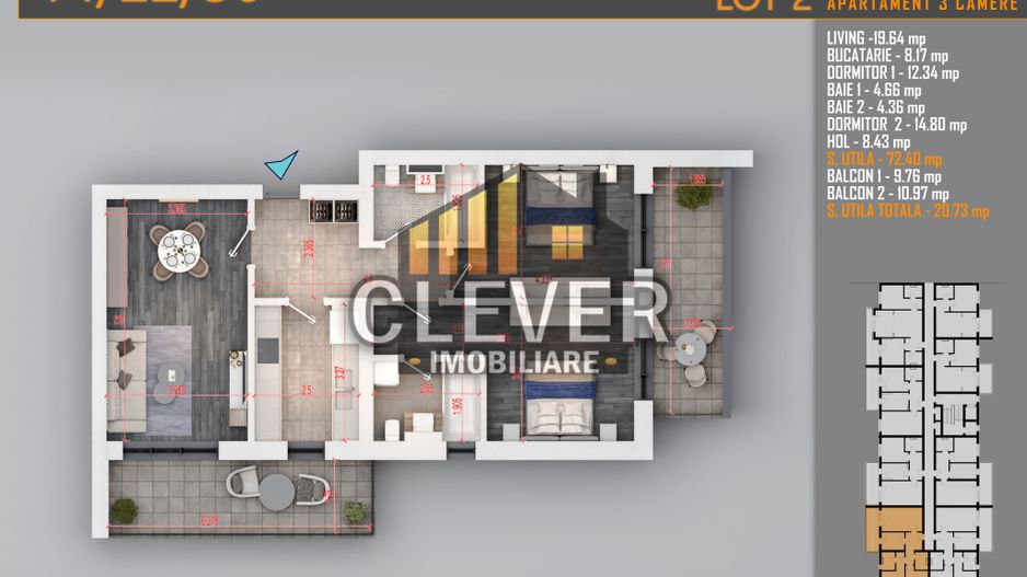 Apartament 3 Camere Decomandat, 2 balcoane, Comision 0%, Pallady - Schiță 7
