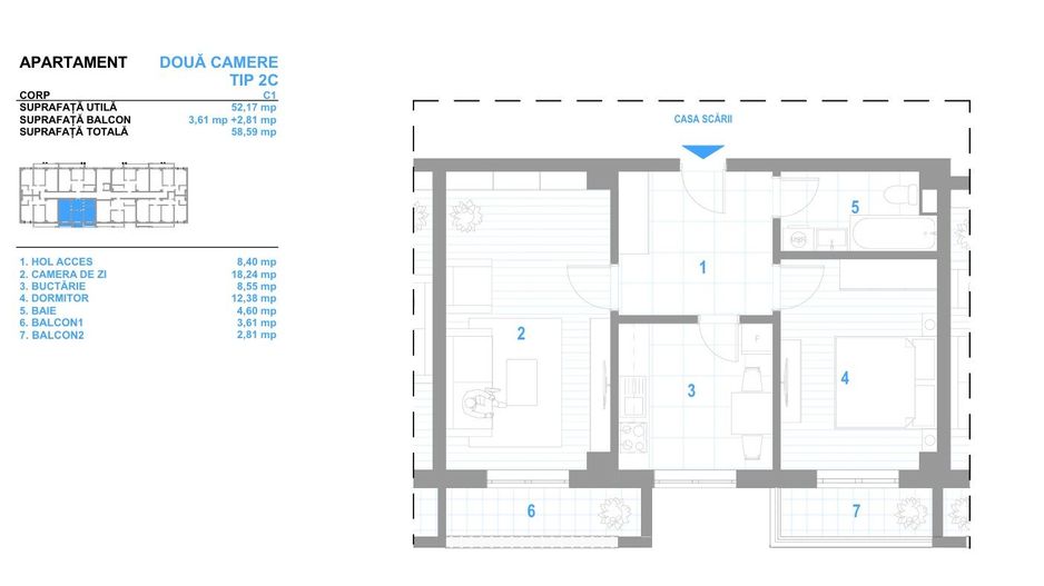 INTABULAT! Apartament 2 camere Dec. 58 mp, 99700 euro-Bucium - Poză 13